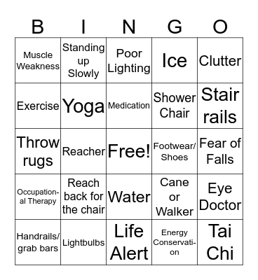 Fall Prevention Bingo Card