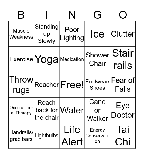 Fall Prevention Bingo Card