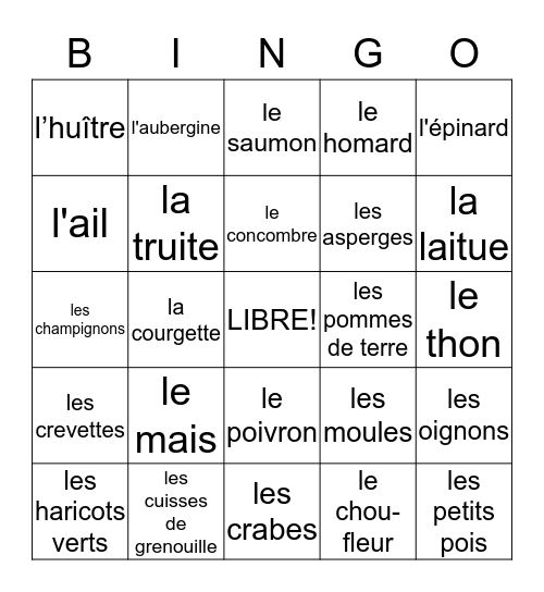 Légumes et Fruits de mer Bingo Card