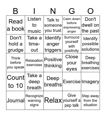 Anger Management Bingo Card