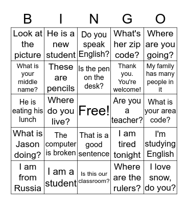 Let's Speak English Bingo Card