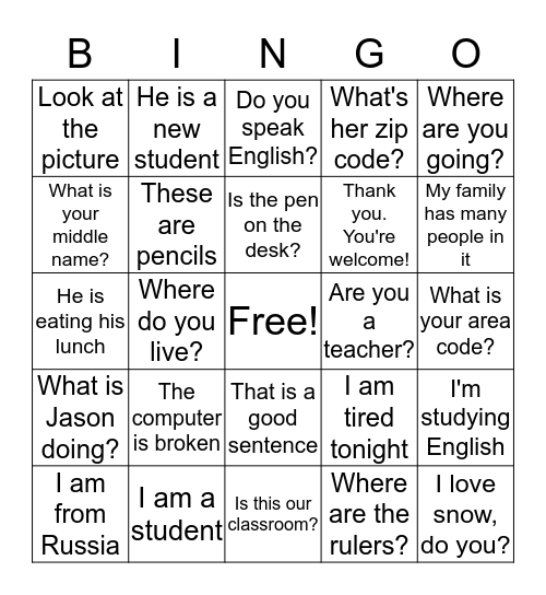 Let's Speak English Bingo Card