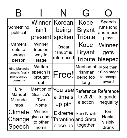 Oscars 2020 Bingo Card