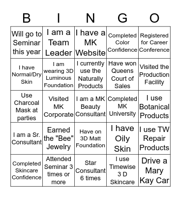 Mary Kay BINGO Card