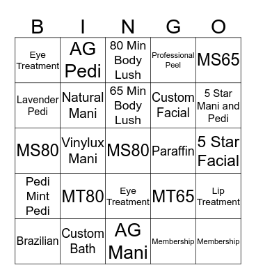 A Day At The Spa Bingo Card