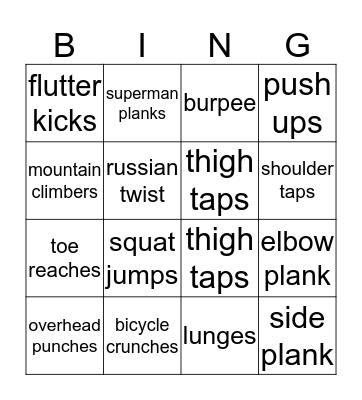 Fitness Bingo Card
