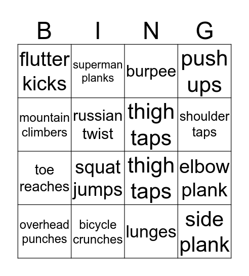 Fitness Bingo Card