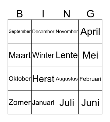 Maanden Bingo Card