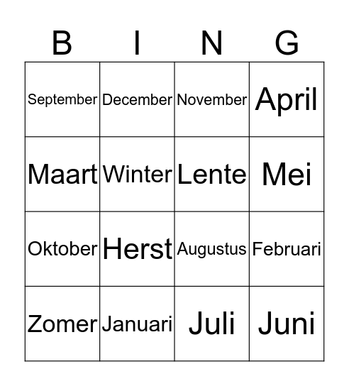 Maanden Bingo Card