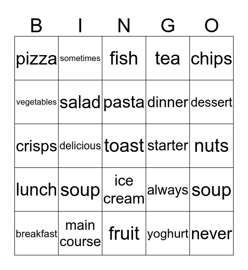 restaurant Bingo Card