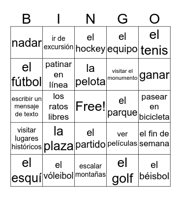 Free time activities Bingo Card