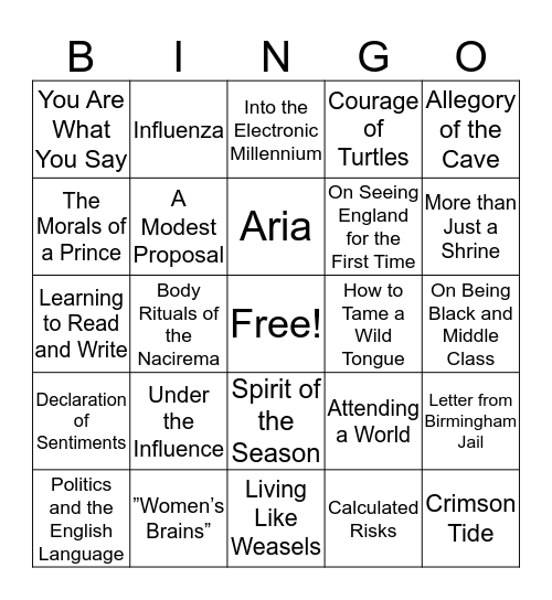 Short Story Review Bingo Card