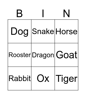 Chinese Zodiac Animals Bingo Card