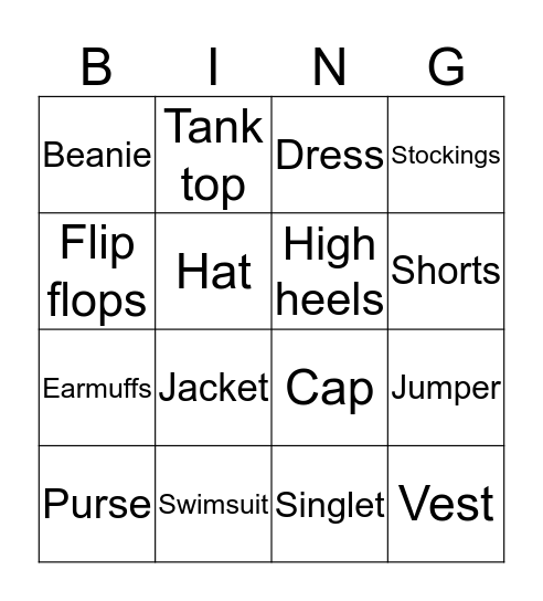 Clothes Bingo Card