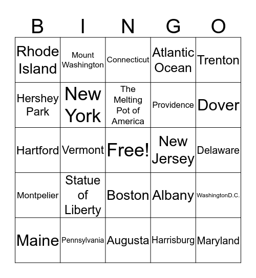 Northeast Region Bingo Card