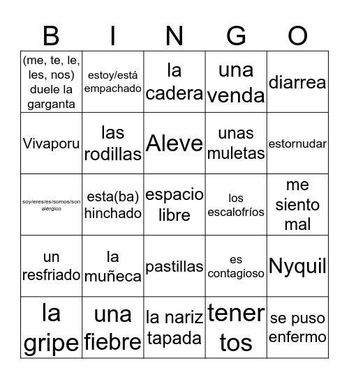 Las enfermedades, etc.  Bingo Card