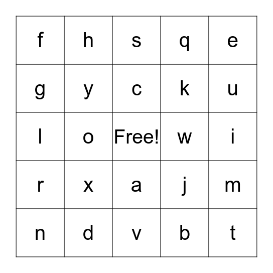 Lowercase letters Bingo Card