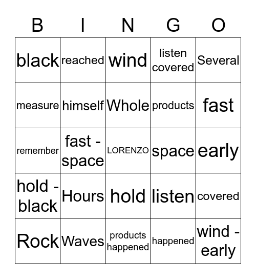 Lorenzo's Bingo Word Game Bingo Card