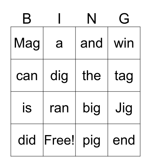 Jig and Mag Bingo Card