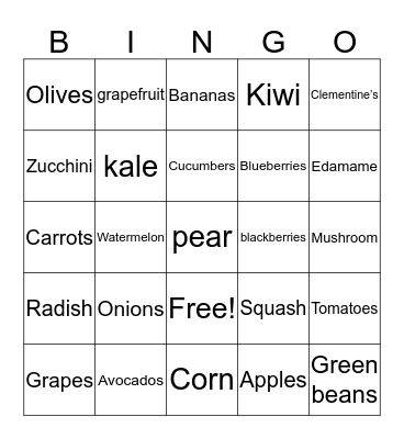 Fruits and Vegetables Bingo Card