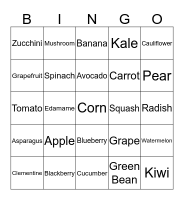 Fruits and Vegetables Bingo Card