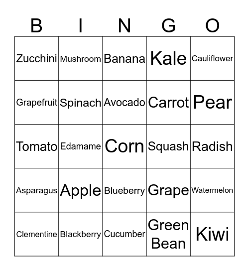 Fruits and Vegetables Bingo Card