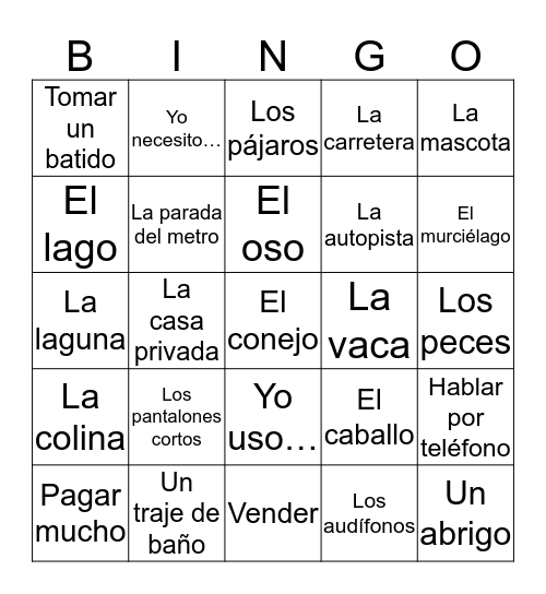 Spanish 1 Quarter 3 Topics 1 & 2 (Community/Neighborhood & Physical Environment) Bingo Card