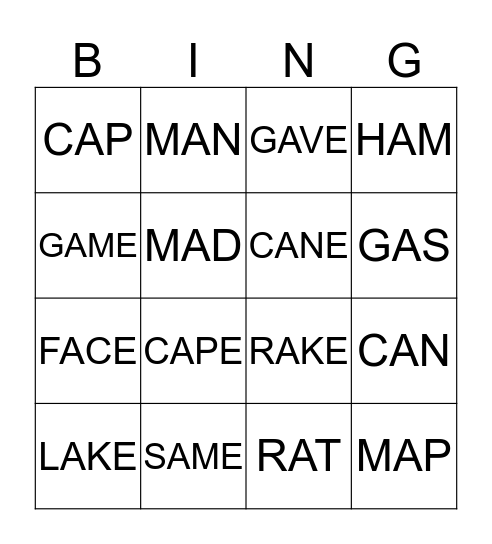 WORDS WITH 'A' Bingo Card