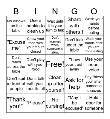 Manners Bingo Card