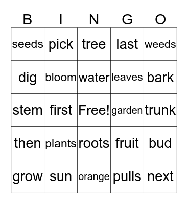 Kindergarten Growing Things Bingo Card
