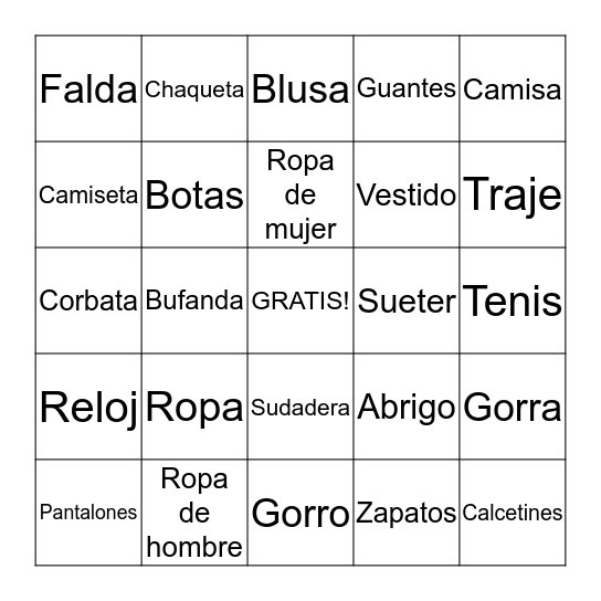 La Ropa Bingo Card