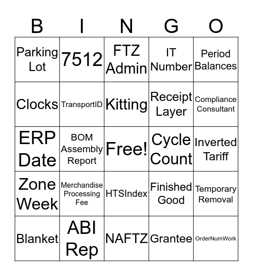 FTZ Bingo Card