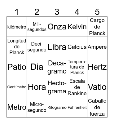 Medidas (1. Largo, 2. Tiempo, 3. Masa, 4. Tempuratura, 5. Electricidad) Bingo Card