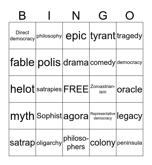 Greek Key Terms Bingo Card