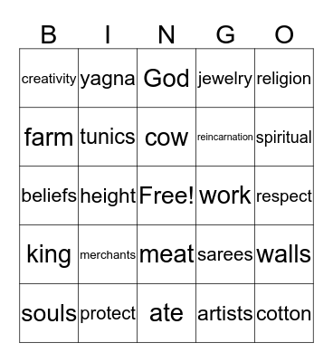 India's cultural bingo Card