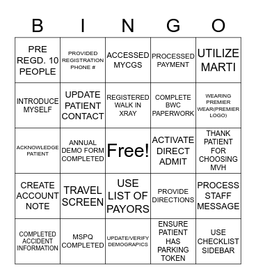 PATIENT ACCESS BINGO Card