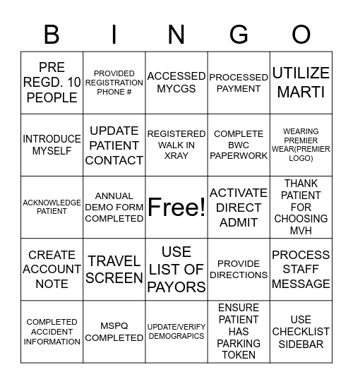 PATIENT ACCESS BINGO Card