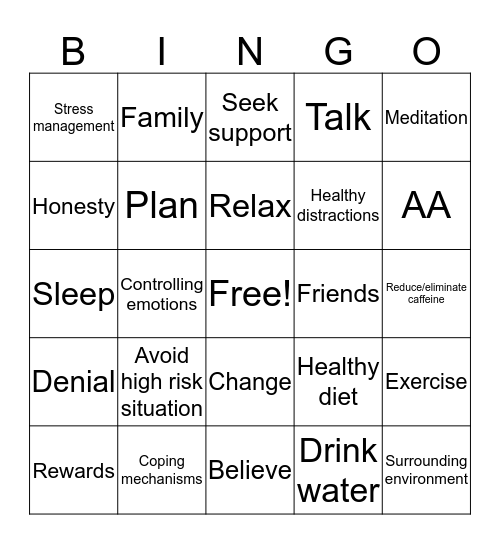 Recovery Bingo Card