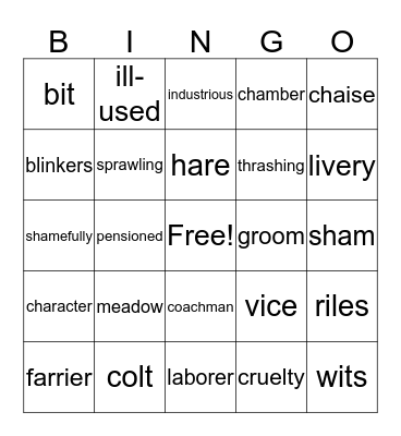 Black Beauty Vocabulary Bingo Card