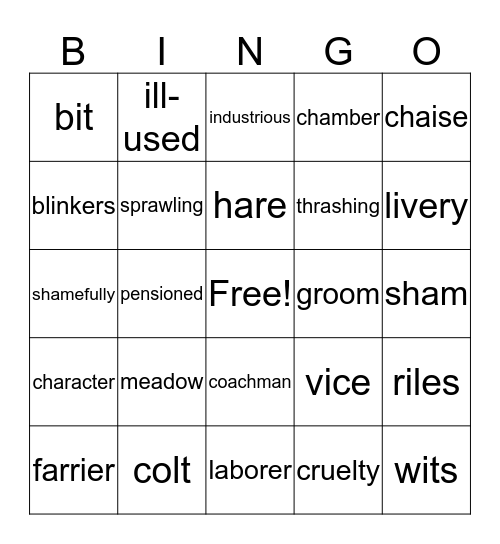 Black Beauty Vocabulary Bingo Card