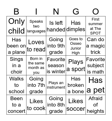 Getting To Know You Bingo Card