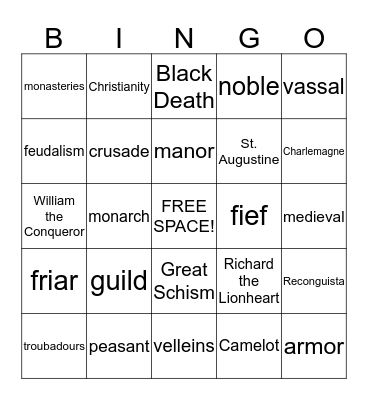 Middle Ages Bingo Card