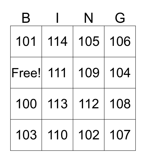 Reading Numbers from 100 to 120 Bingo Card