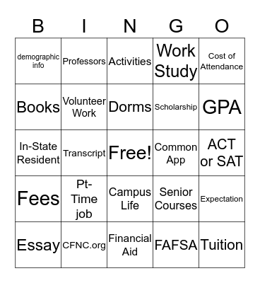 College Ready Bingo Card