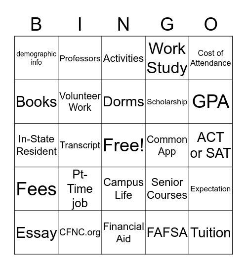 College Ready Bingo Card