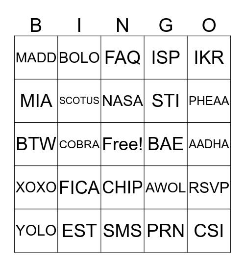 ACRONYMS Bingo Card