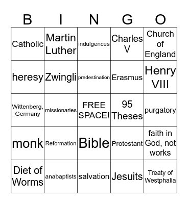 The Reformation Bingo Card