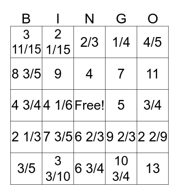 Fraction Bingo Card