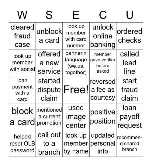 Welcome to the WSECU-OOP Bingo Card