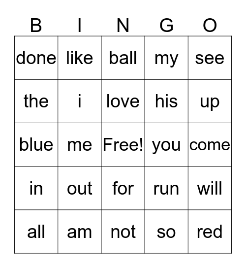 sightwords  Bingo Card